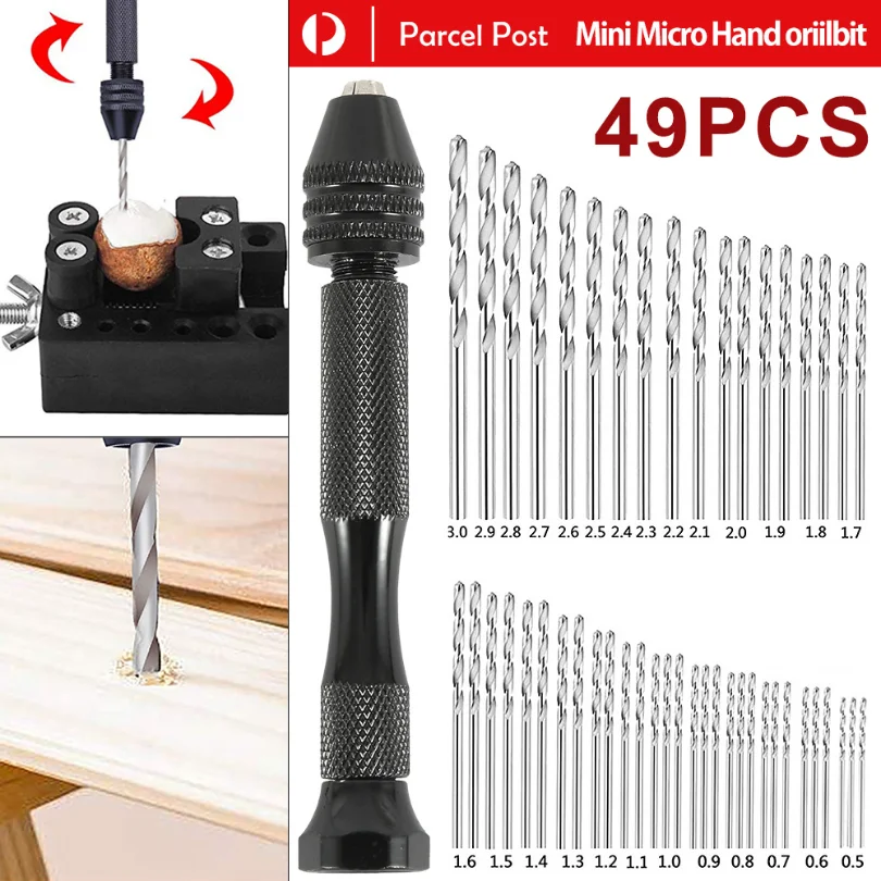 49pcs 0.2-3.4mm Hand Drill Set Mini Aluminum Hand Drill Bit Jewelry Craft Hand Manual Drill Woodworking Tools Drill Bit Dropship