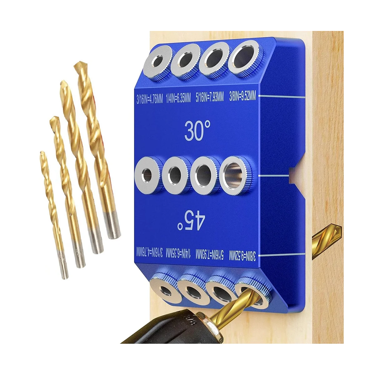 30 45 90 Degree Angle Drill Guide Jig, Drill Jig for Angled Holes and Straight Hole with 4 Sizes Steel Drill Bits