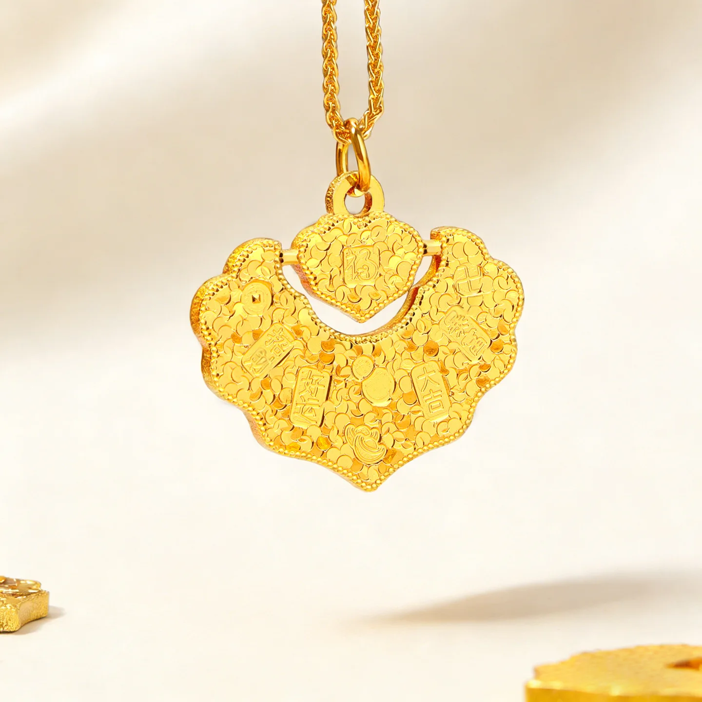 Luxury 24K 9999 Pure Gold real gold Women's Vintage Ice Crushed Jiyan Peace Lock Pendant Necklace