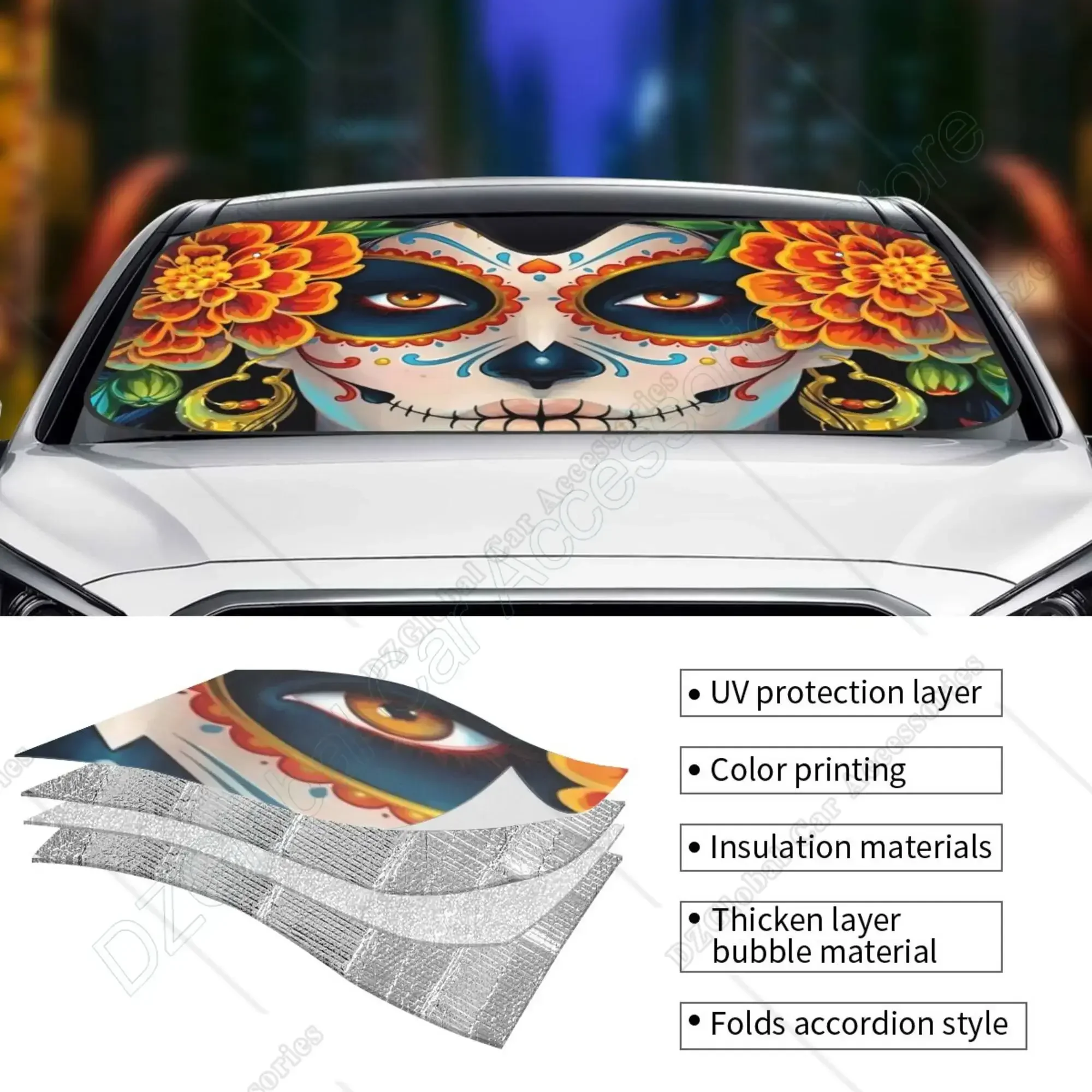 Gregtins Sugar Skulls and Roses Day of Dead Car Windshield Sun Shade Blocks Uv Rays Visor Protector Sunshade for Front 27.5x51.2