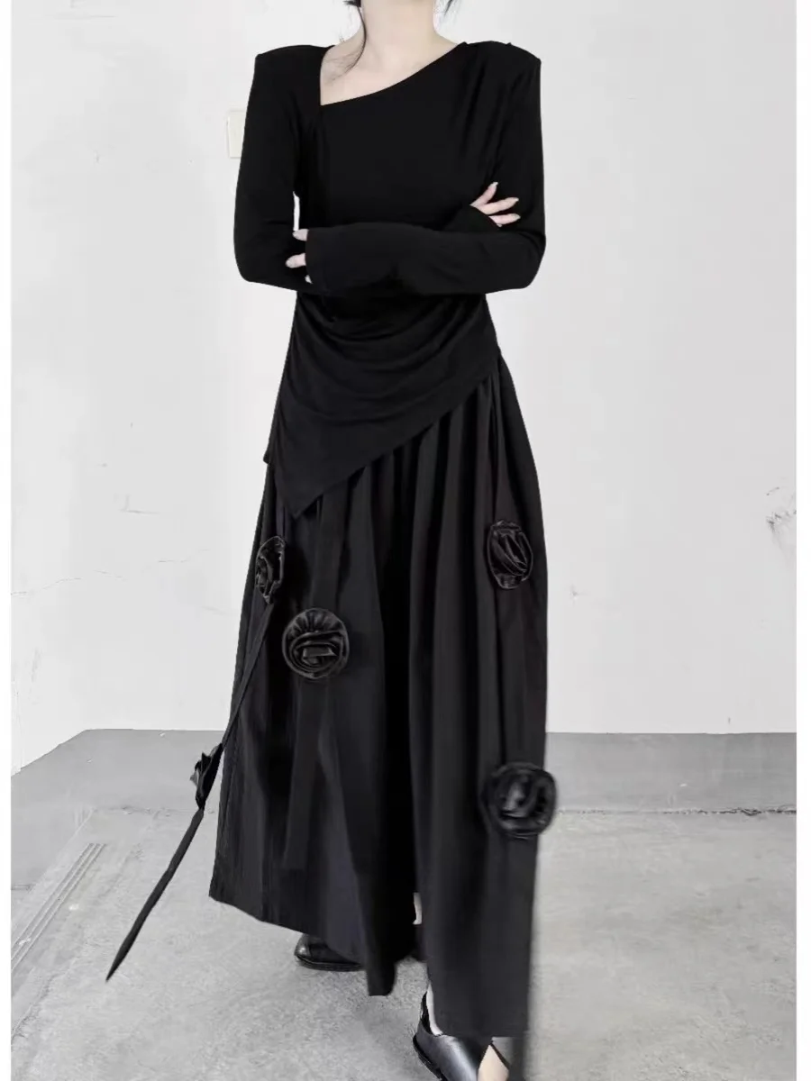 Schlankmachende Hose mit weitem Bein und Webgürtel, neun Punkte, 3D-Blumendesign, lässige Rockhose, Damen-Midirock mit hoher Taille