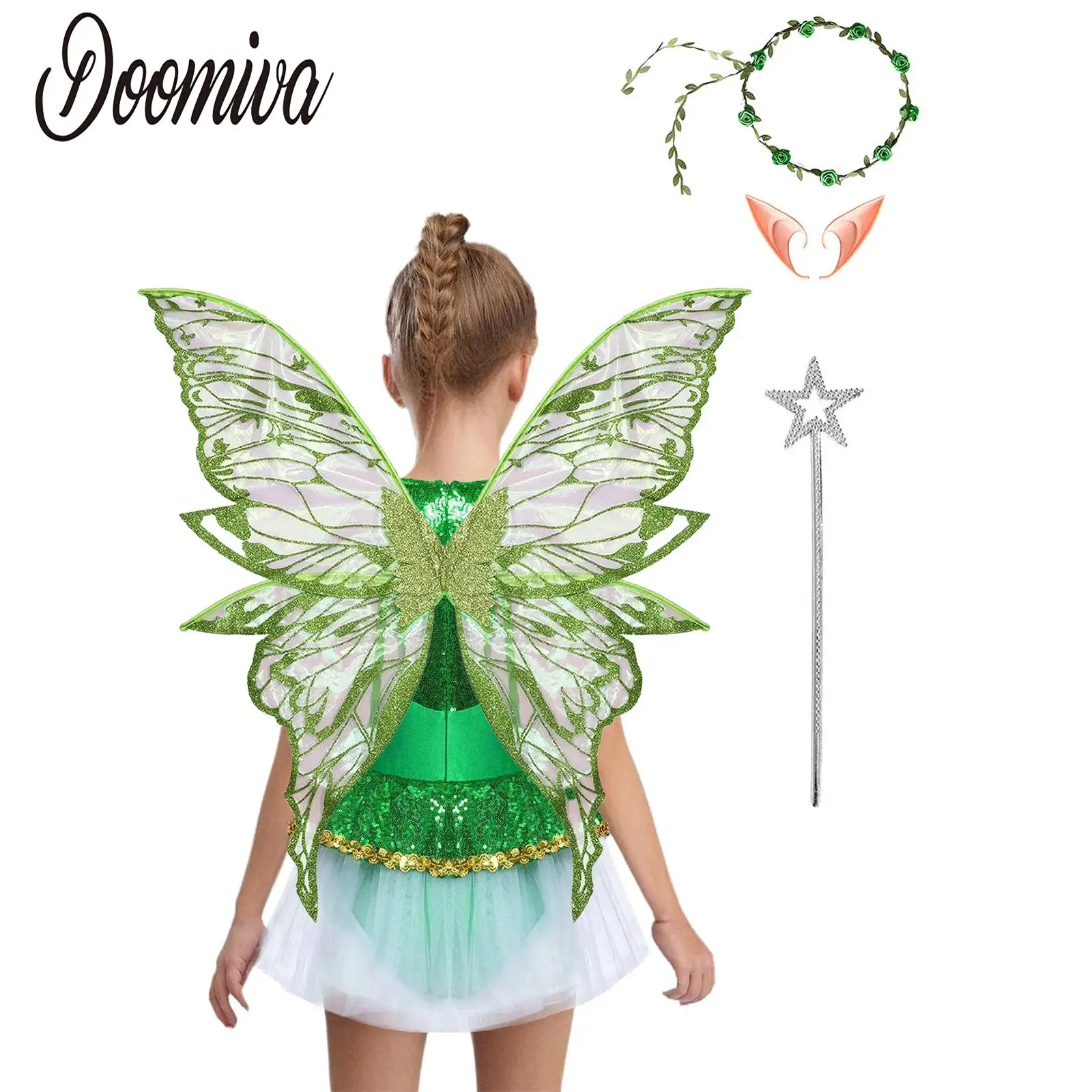 

Kids Girls Halloween Flower Fairy Costume Sequin Elf Tutu Dress Short Sleeve Tulle Dress and Butterfly Wings Fairy Stick Garland