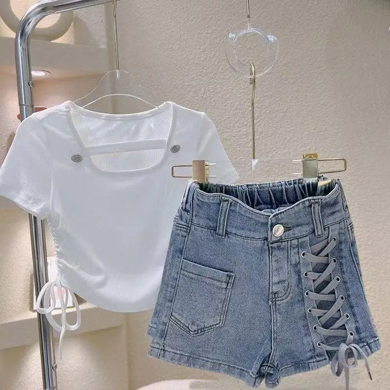 

2025 New Spring Autumn Summer Children Girl Boy KidsT-shirt + Denim Shorts 2pcs Kids Clothes Set Outfits