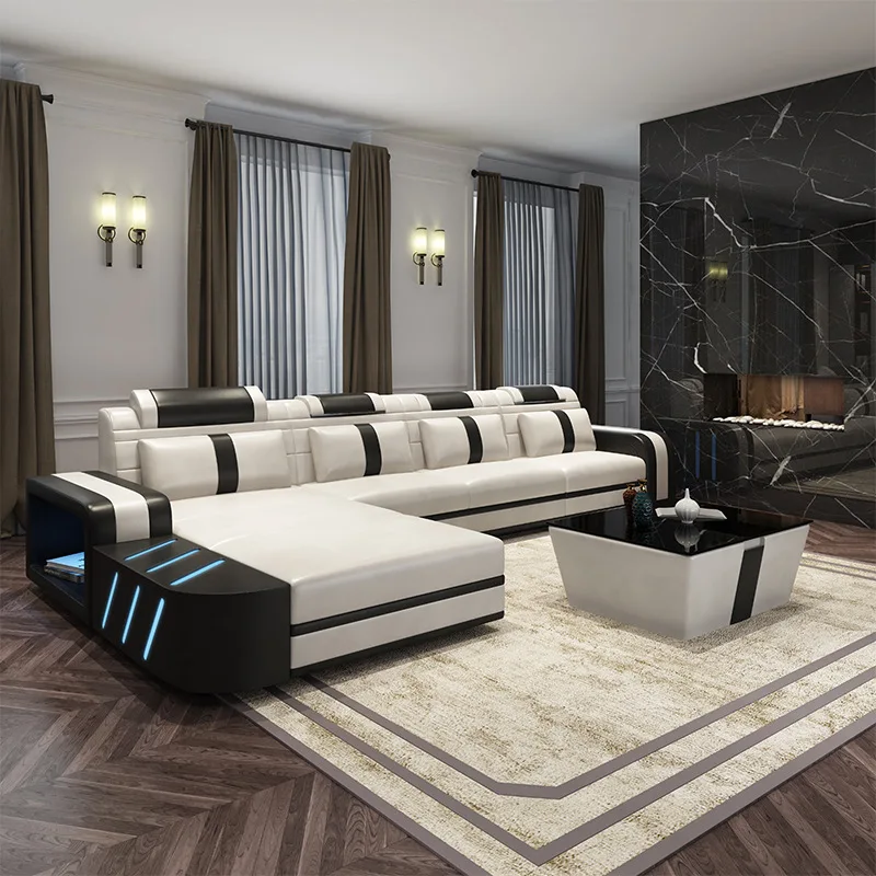 

Ultra-modern home theater sofa leather set with LED lights adjustable headrest function storage sofa