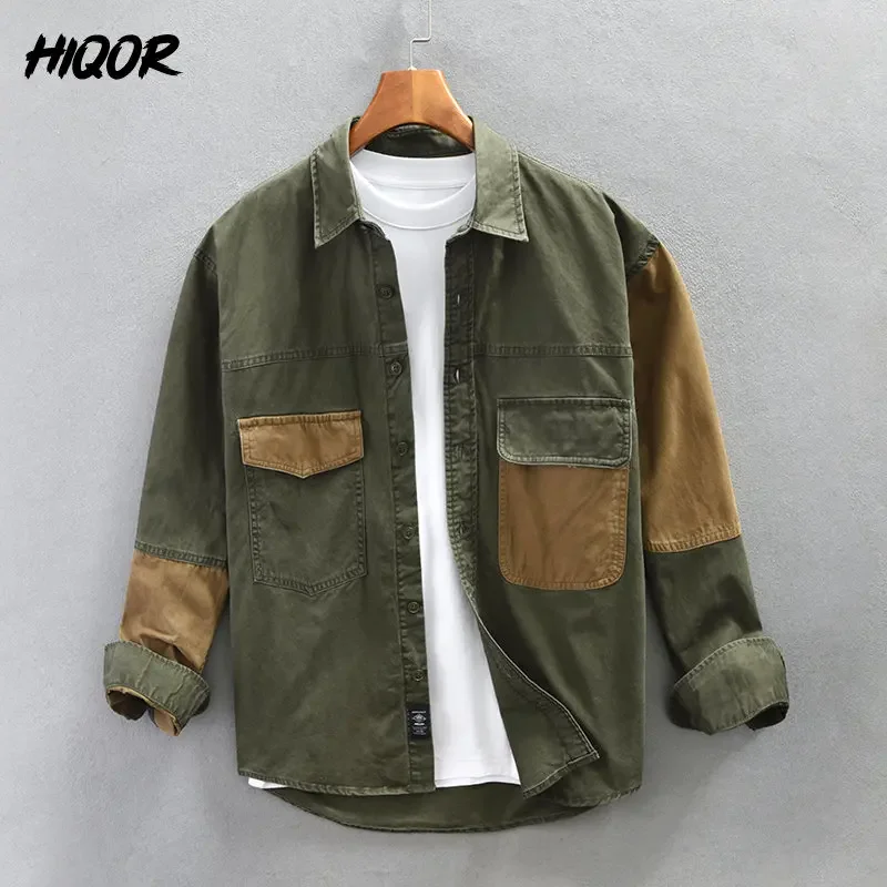 HIQOR-Camisa de manga larga con bolsillo tridimensional para hombre, chaqueta Y2K de algodón puro que combina con todo, nueva moda, primavera 2024