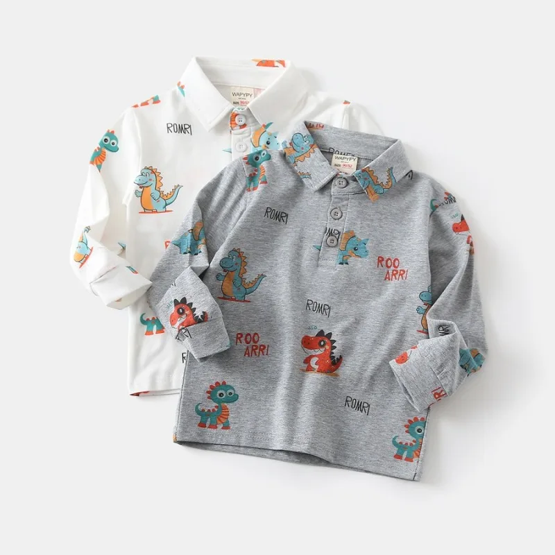 Boys Long-sleeved T-shirt 2026 New Children's Dinosaur Polo Shirt Cartoon Polo Shirts for Kids Toddler Blouse Baby Tees Clothes