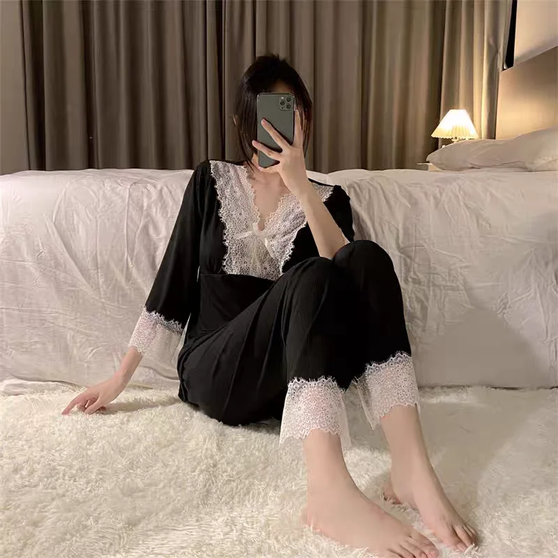 الفتيات الدانتيل حافة بيجامة سوداء مجموعات الأميرة مثير طويلة الأكمام السراويل ملابس خاصة الترفيه ارتداء ربيع الخريف ملابس المنزل خارج جديد #1