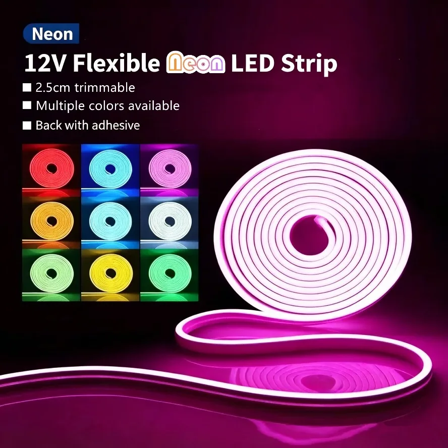 

11 Light Colors 12V LED Neon Light Strip Wire/DC Plug SMD2835 Dimmable Waterproof Flexible Silicone Lamp DIY Home Decoration