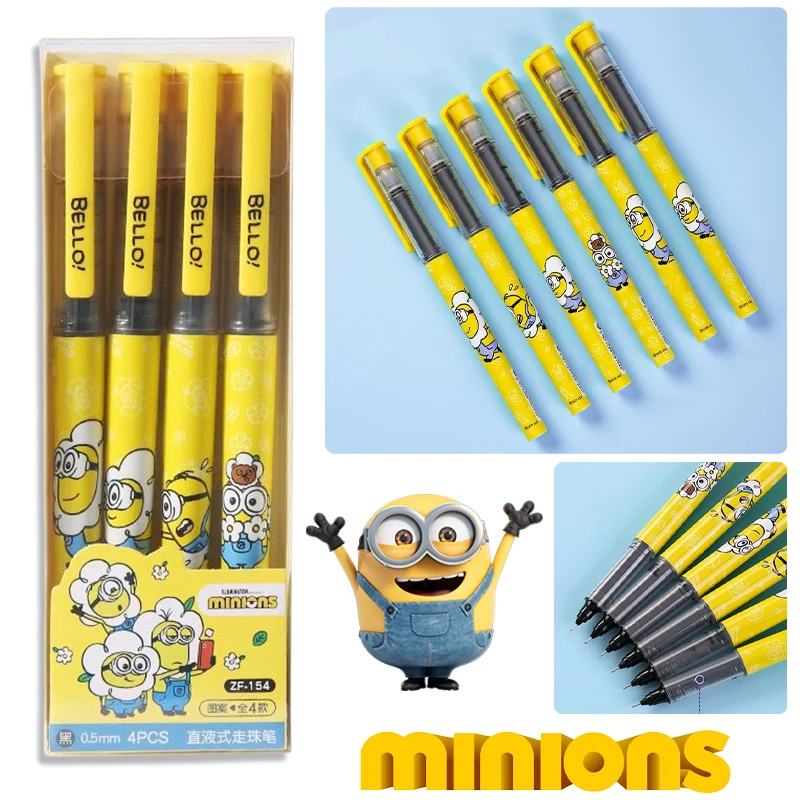 4pcs Minions Gel Pens Black Quick Drying Needle Type Straight Liquid Ballpoint Cartoon Funny Writing Exam Cute School Stationery