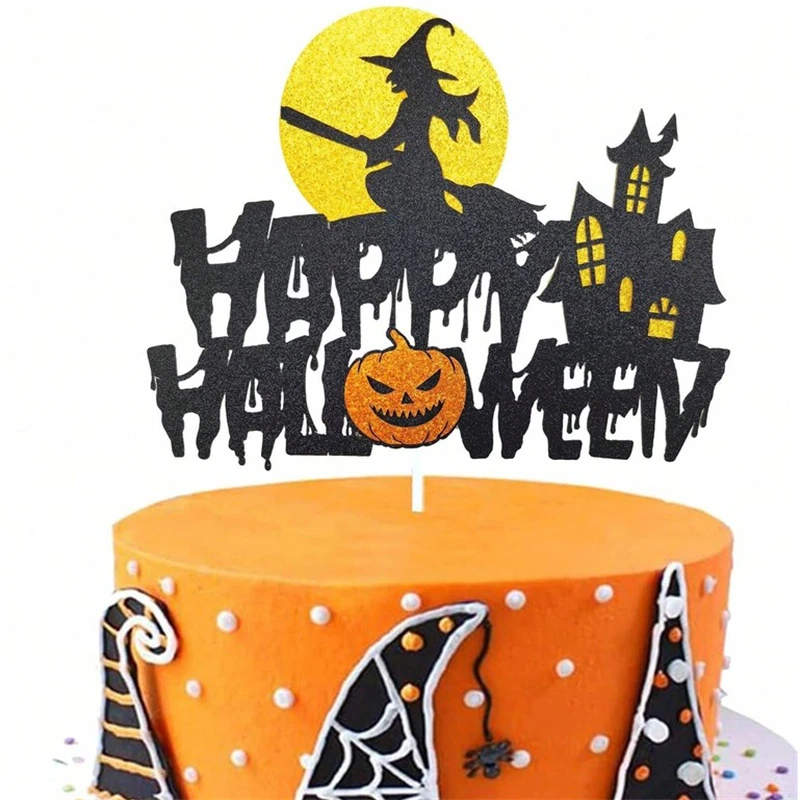 Baking DIY Party Decoration Supplies,Happy Halloween Cake Topper Flags Black Witch Castle Pumpkin Cupcake and Cake Topper