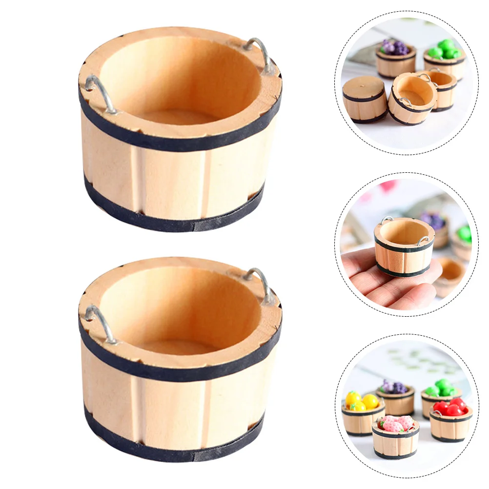 2 Pcs Miniature House Accessory Log Color Wooden Barrel Decorate Artificial Buckets Toy