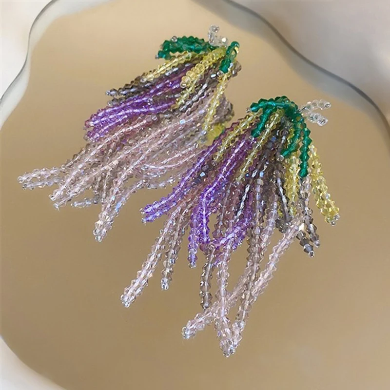 Multi Color Glass Tassel Post Earrings For Women Fashion Jewelry Heavy Trendy New Style Holiday Accessories Wholesale Gift C1715