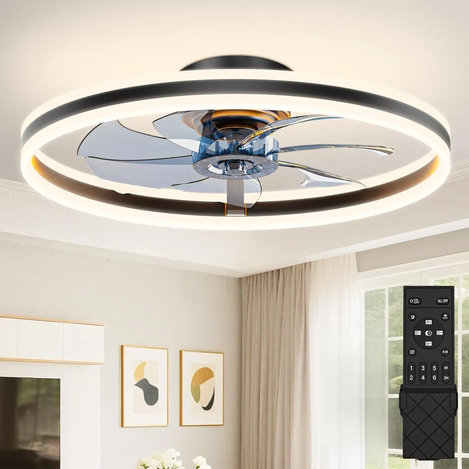 

Low Profile Ceiling Fans with Lights and Remote, 24in Flush Mount Ceiling Fans with Light, 3000K-6500K Dimmable Fandelier LED