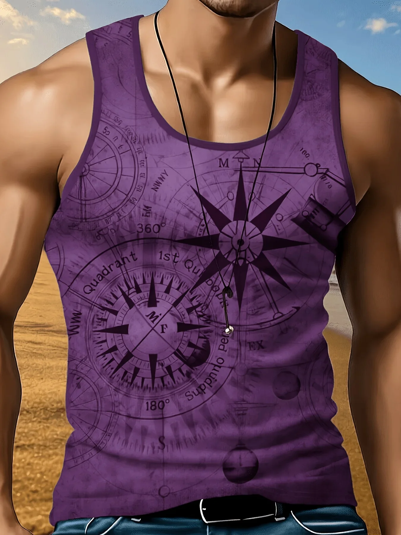 Vintage Nautical Compass Print Sleeveless Vests Retro Sailor Adventure Man Tank Tops Fashion Summer Casual Vest Tops