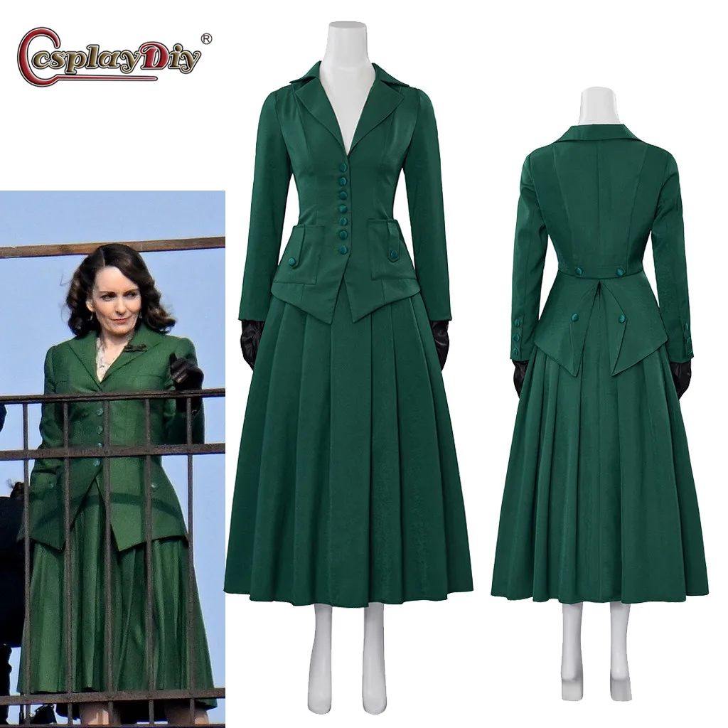 

Movie A Haunting Cosplay in Venice tina fey Costume with Vintage Green Blazer Jacket coat and skirt Ariadne Oliver Costume Dress