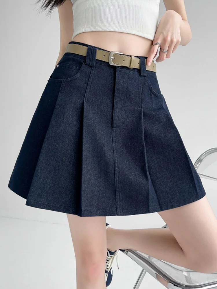 

k Синяя юбка трапециевидной формы, женская летняя утягивающая джинсовая юбка с высокой талией, антилегкая плиссированная юбка, модная универсальная