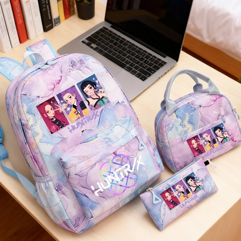 

Рюкзак Demon Hunters Kpop, сумка для обеда, пенал, набор из 3 предметов, студенческие принадлежности для девочек, модный школьный рюкзак в стиле аниме, костюм, пакет для еды, подарки