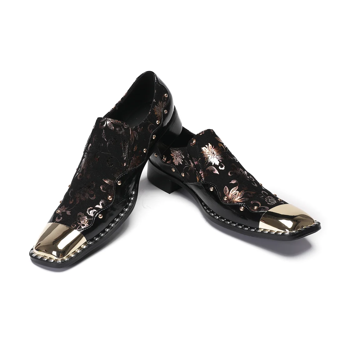 Fashion Gold Print Genuine Leather Dress Shoes Plus Size Metal Square Toe Business Office Formal Shoes Male Wedding Party Shoes