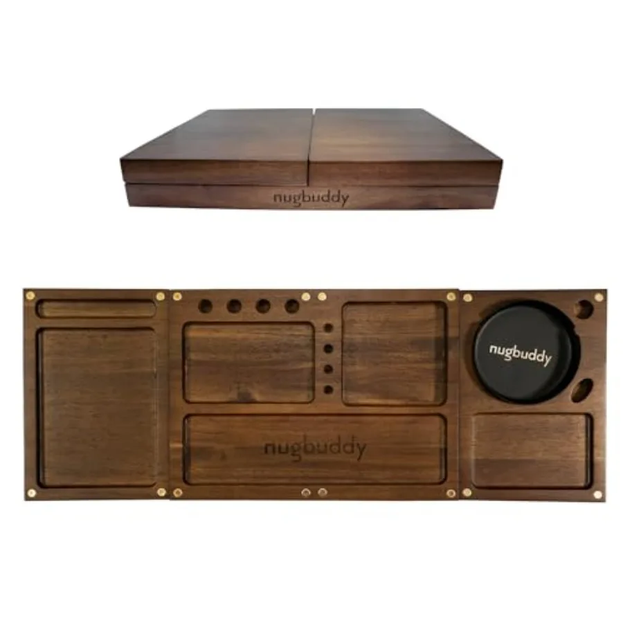 

Wooden Rolling Tray 3 in 1 Folding Design Set w Magnetic Lid Big and Small Trays + Removable Metal Tray Portable Accessory Kit