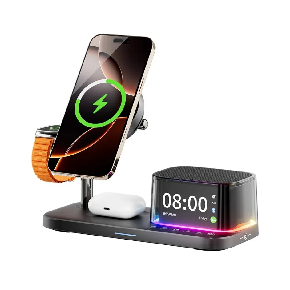 

Магнитная беспроводная зарядка 5 в 1, 25 Вт с Bluetooth-динамиком, RGB подсветкой для iPhone 17, 16, 15, 14, 13, 12 Pro Max Apple Watch Airpods