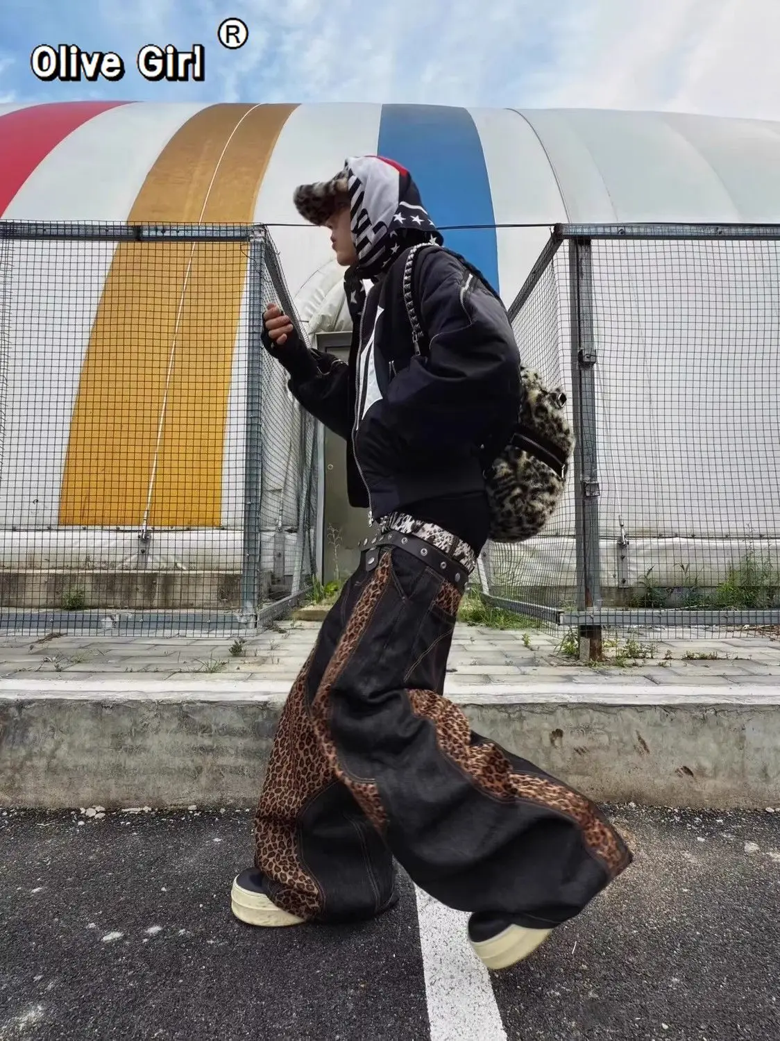 بنطلون جينز فضفاض للفتيات الزيتونية بنطلون جينز أمريكي غير رسمي فضفاض بطبعة الفهد من قماش الدنيم Harajuku ملابس الشارع الشهير للرجال والنساء #6