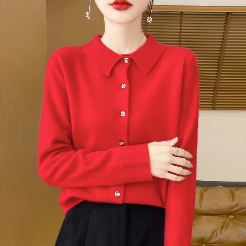 여성용 스웨터 100% 메리노 울 폴로 칼라 카디건 니트 따뜻한 자켓 가을, 겨울 느슨한 따뜻한 소프트 캐시미어 스웨터 DMR