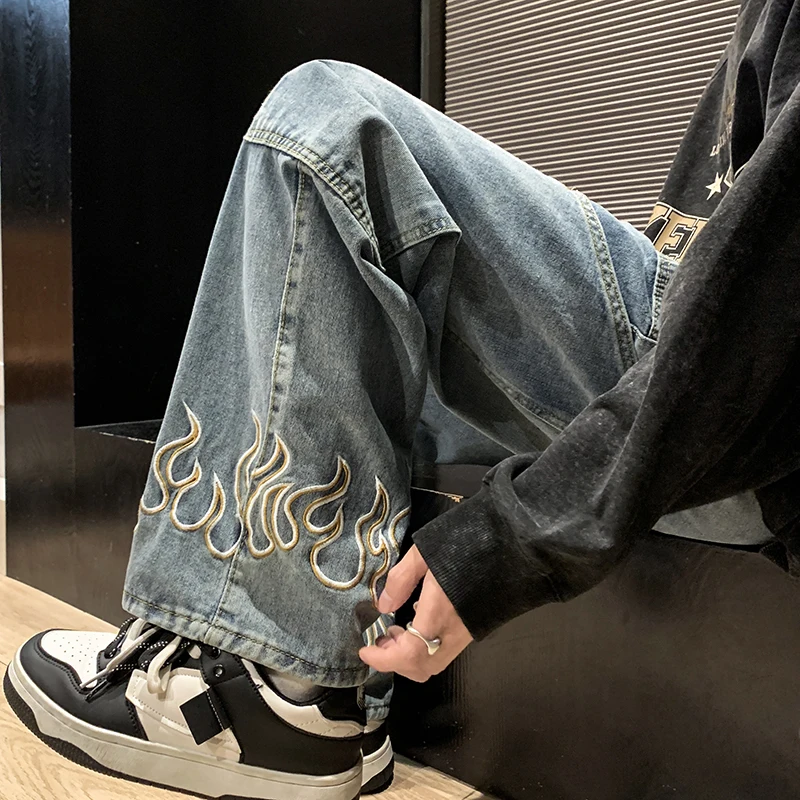 2023 Spring New Personality Embroidery Men\'s Baggy Jeans Streetwear Loose Straight Denim Trousers Male Brand Clothing