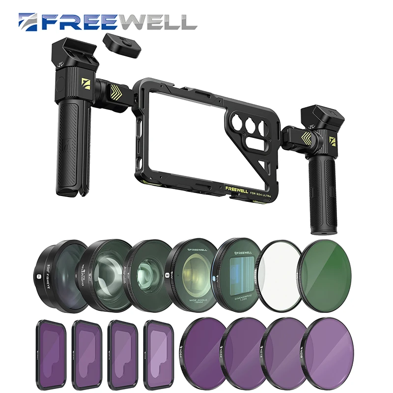 Freewell Multifunction Phone Rig Cage kit Sherpa Lens filter Tripod and Monopod for Samsung S24 Ultra Video Recording Stabilizer