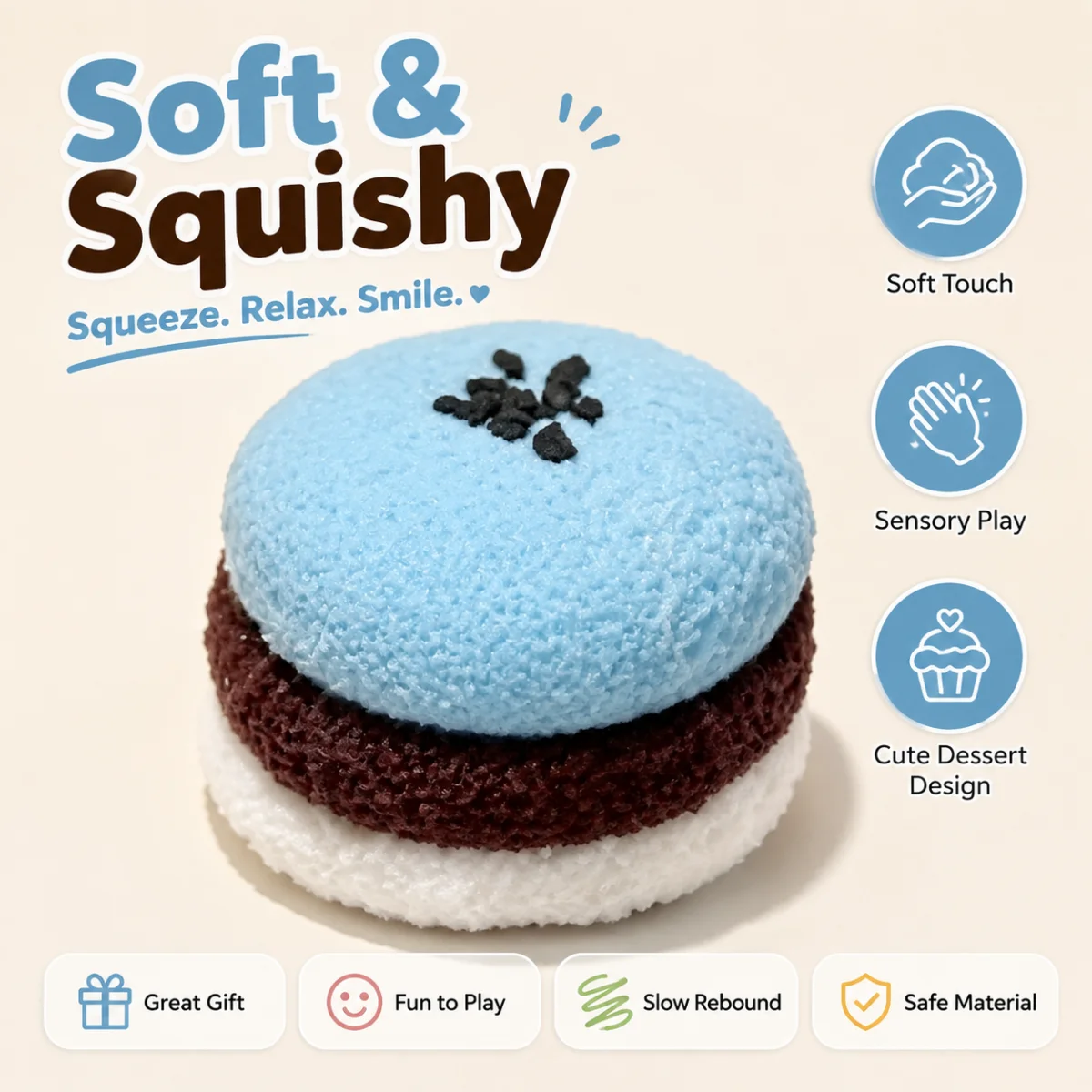 Food Grade Silicone Blue Macaron Squishy Toy Simulation Sandwich Cookie Soft Squeeze Stress Relief Fidget Decompression Hand Toy