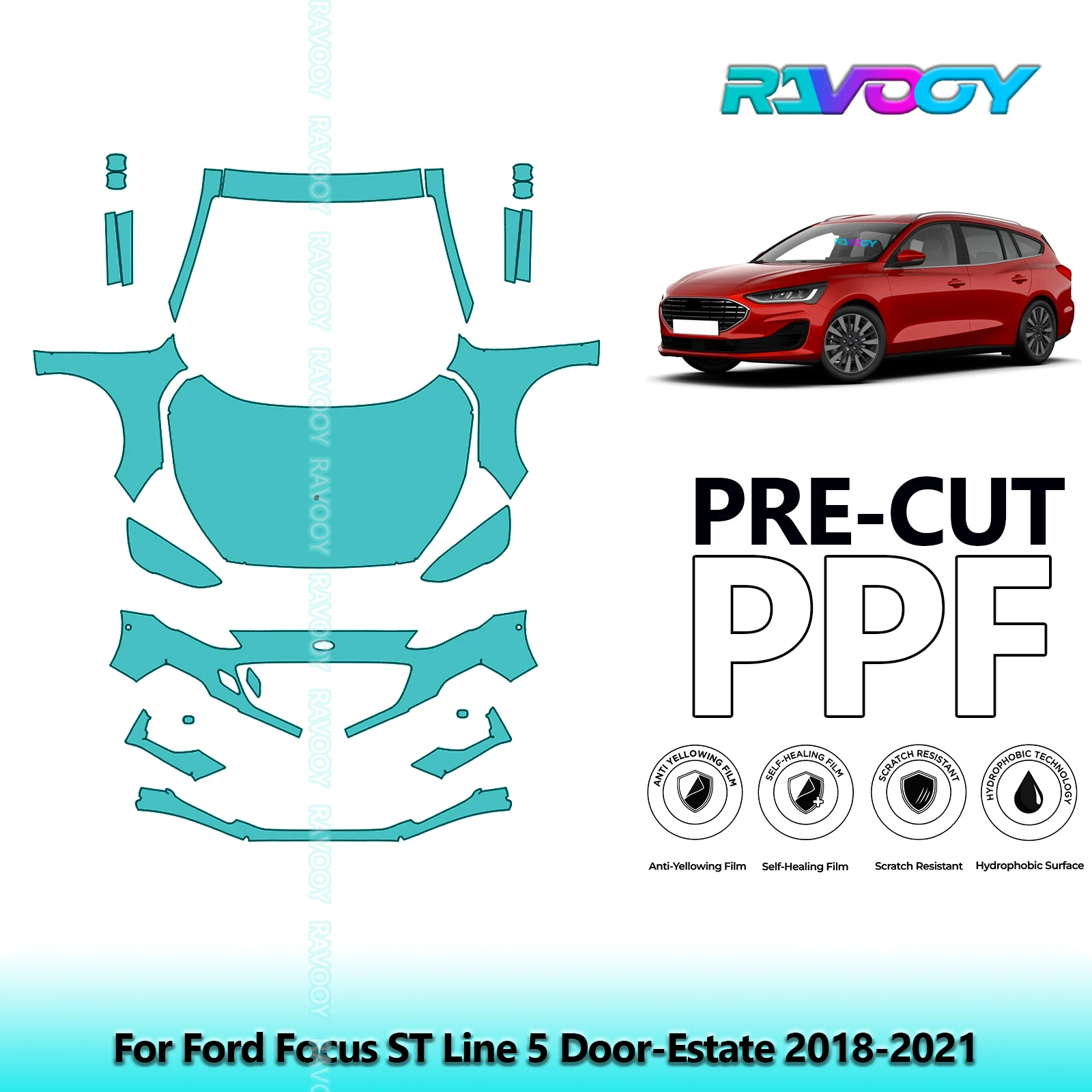 RAVOOY 8.5Mil Custom-Fit Precut TPU PPF Front Kit Clear Bra Stone Guard EU UK For Ford Focus ST Line 5 Door-Estate 2018-2021