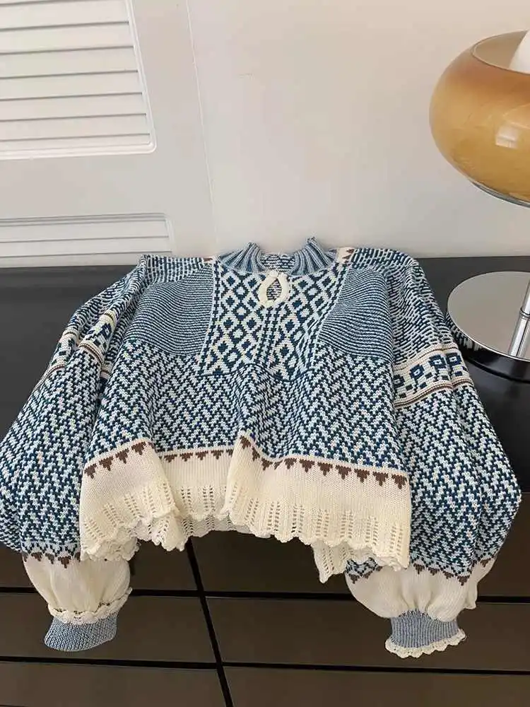 

Women Blue Print Pullover Sweater Vintage 2000s Y2k Jumper Top Turtleneck Knitwear Long Sleeves Cashmere Sweater Autumn Clothes