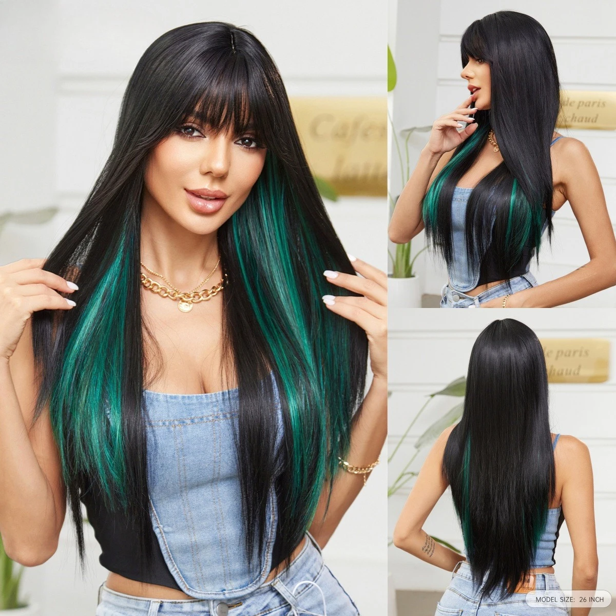 

Wig phosphor hanging ears dyed green black long straight air bangs full head high skull top hair volume more European and Americ