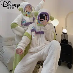 Disney New Buzz Lightyear Couple Pajamas Cartoon Zipper Winter Nightwear Thick Coral Velvet Kawaii Homewear Couple Pyjamas