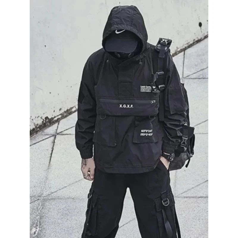 Men's Jacket Techwear High Street Streetwear Black Hoodie Pocket Man Women Couple Spring Autumn Fashion New Water Proof Male Top