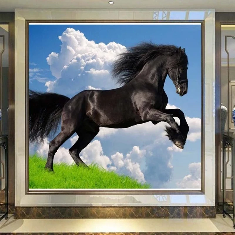 Custom 3D Nature Scenery Blue Sky White Clouds Black Horse Mural Wallpaper Living room sofa background wall bedroom restaurant
