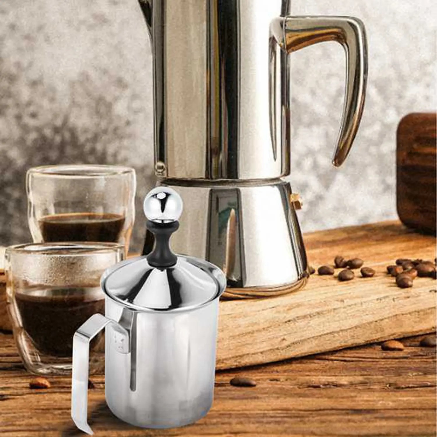 Pengocok Susu Manual Pembuat Kopi French Press Susu Manual Pompa Tangan Baja Tahan Karat Kendi Susu Genggam Foamer Susu