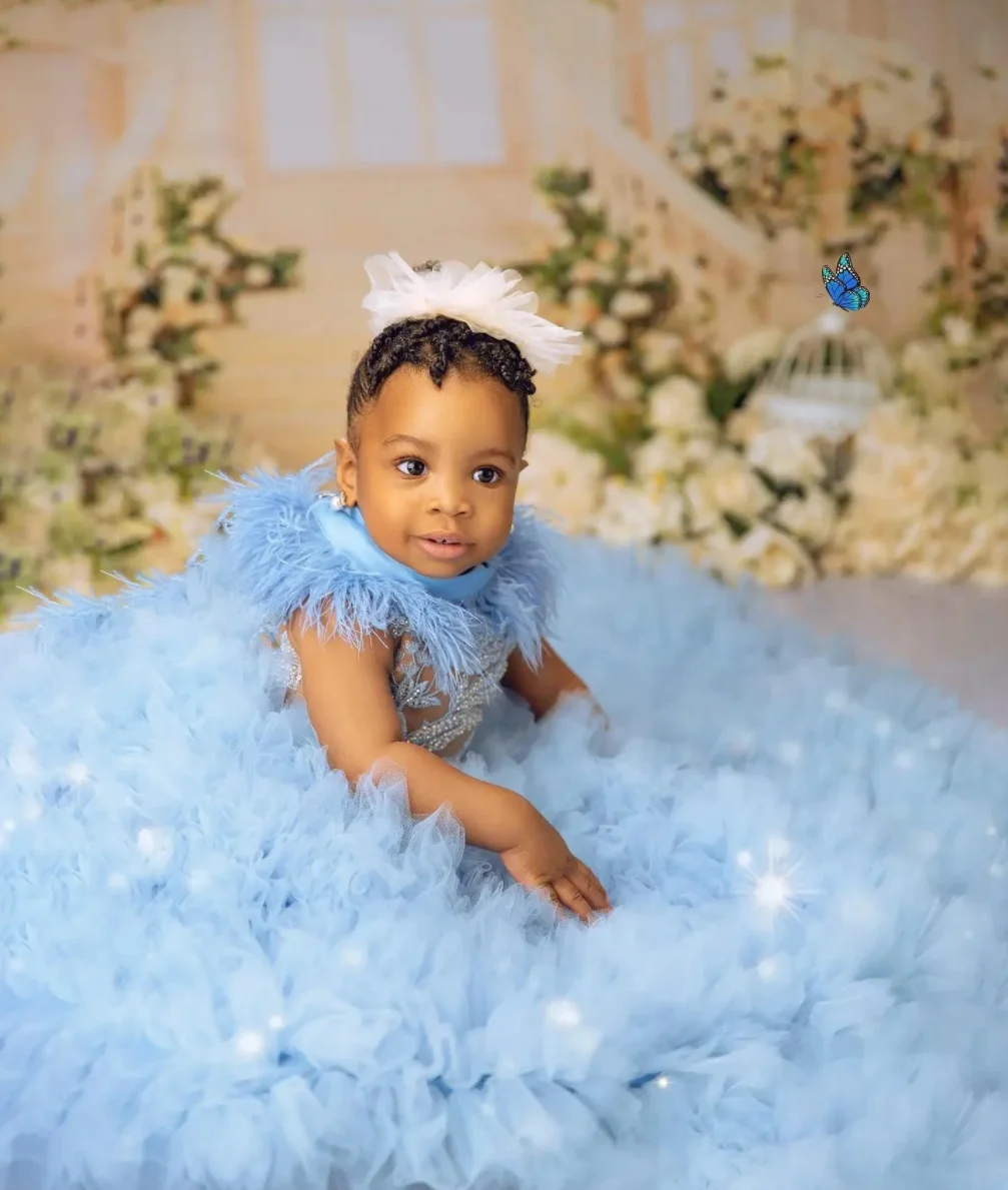 Hellhimmelblaues Luxus-Blumenmädchenkleid mit Federn und Stehkragen, Baby-Ballkleid, Erstkommunionkleid für Kinder, Geburtstagskleid