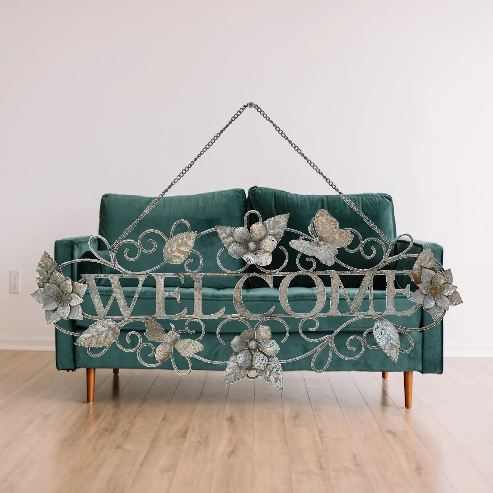 Rustic Hanging Welcome Sign for Outdoor Wall with Metal Chain and Antique Finish for Front Door Garden Porch Farmhouse Decor