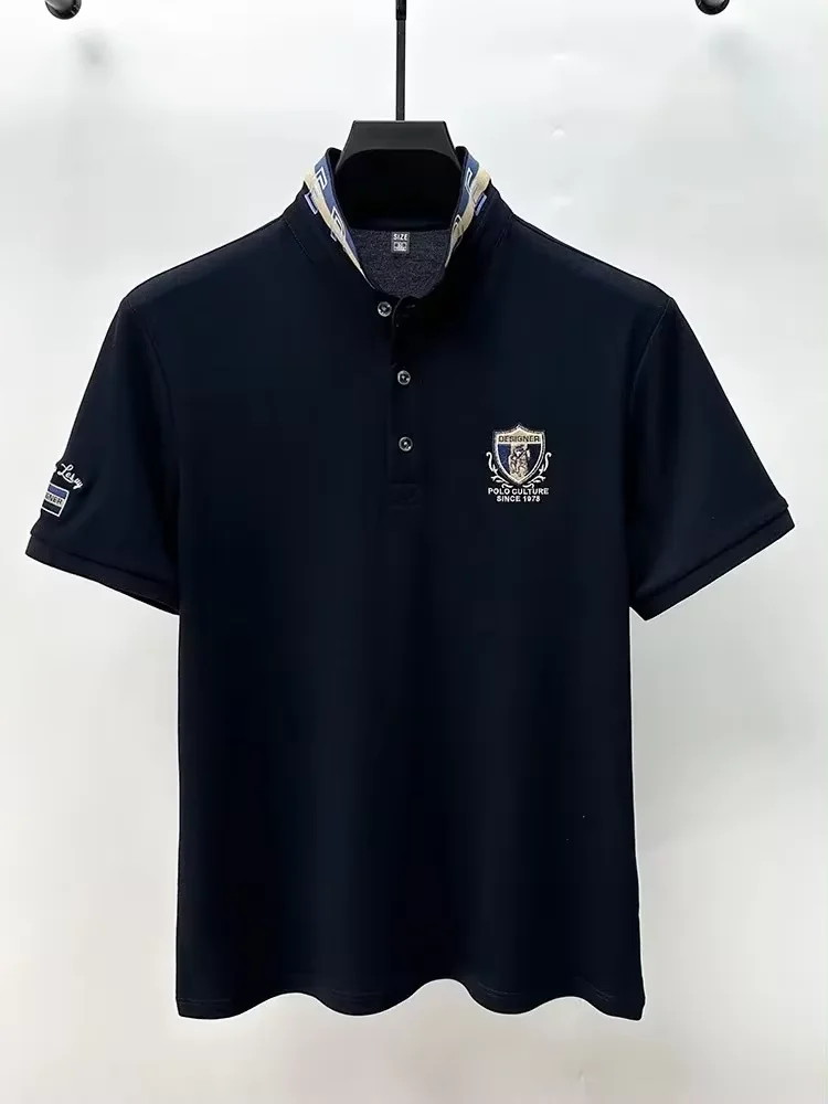 High end luxury silk cotton short sleeve POLO shirt men\'s summer fashion brand embroidered T-shirt cool wrinkle resistant top