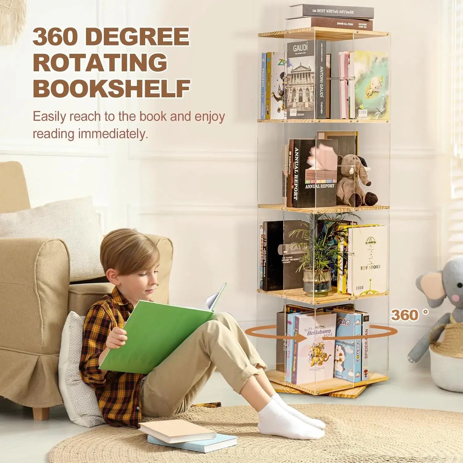 Bookshelf, 360 Degree Revolving Bookcase, 4-Tier Spinning Bookshelf, Clear Acrylic & Solid Wood Rotating Bookcase for Kid’s Play