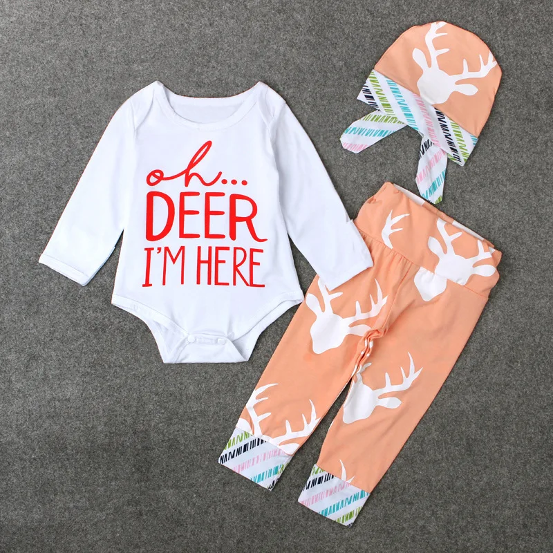 

2023 New Fashion Baby Boys Girl Clothes Newborn Oh DEER Printed Bodysuits+Pants+Hat Toddler Baby Girls 3PCS Clothing Sets