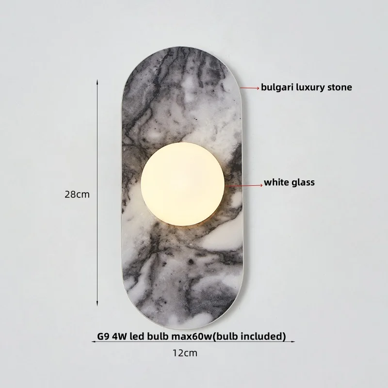 Lange ovale Bulgari natuurlijke marmeren wandlamp wit glazen bol muur scone eetkamer Scandinavische luxe trap gangpad naast stenen licht