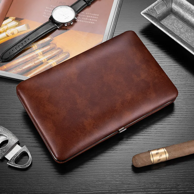 Leather Cigar Box Cedar Lined 5 Cigars Thin Portable Cigar Box with Gift Box Packaging Men's Presents