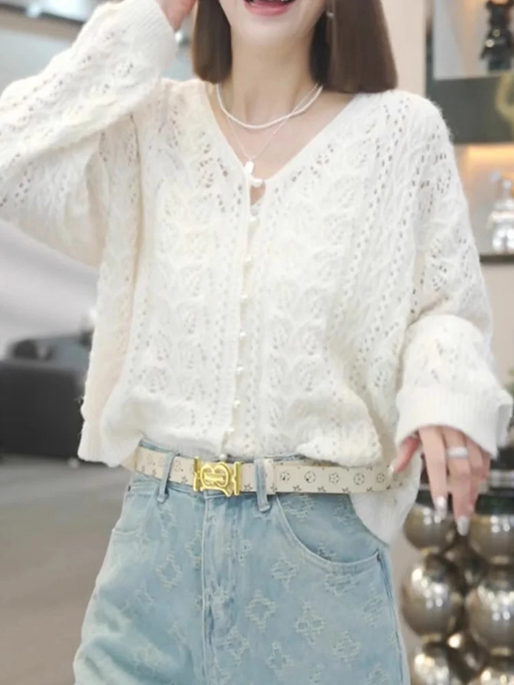 

Ladies Casual Knitted Long Sve Cardigan Pure Color Hook Flower Hollow Design Comfortable Commuting Outerwear Spring 2025