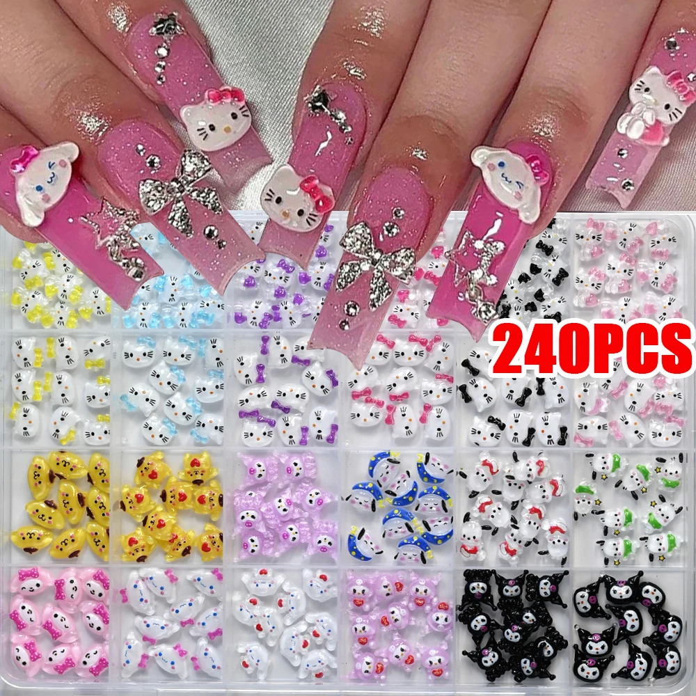 6/12/24Grids Lovely Hello Kitty Nail Art Charms Resin Manicure Decoration Kuromi Charms y2k Manicure DIY Nail Parts Rhinestones