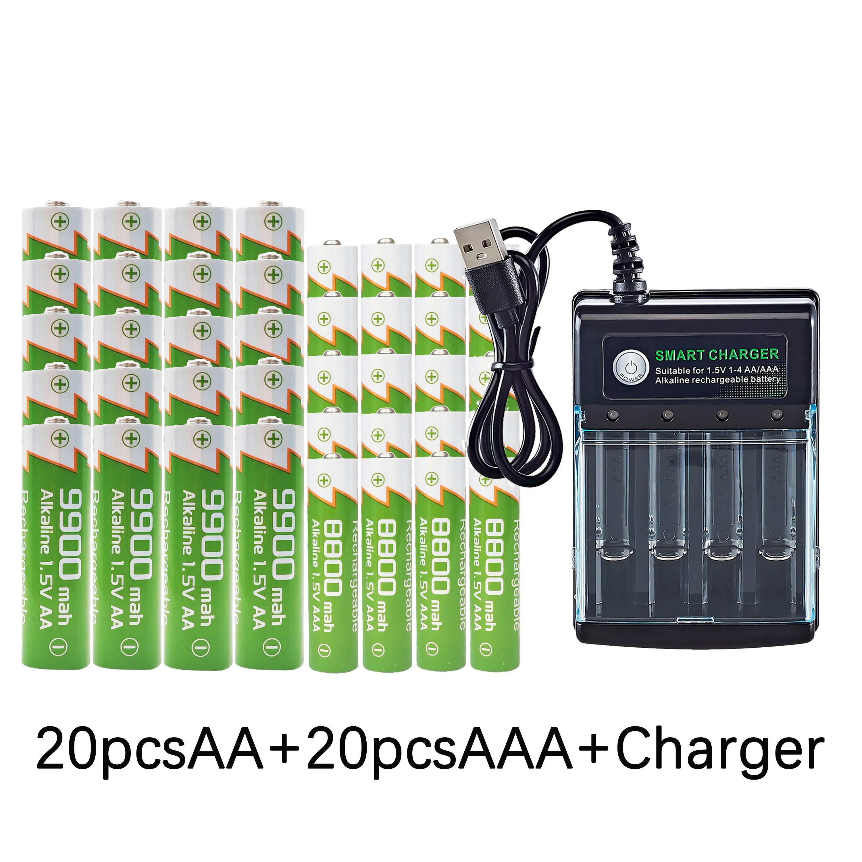 مجموعة بطاريات قلوية قابلة لإعادة الشحن بقوة 1.5 فولت: AA 9900 مللي أمبير في الساعة وAAA 8800 مللي أمبير في الساعة مع شاحن USB، شحن مجاني لجهاز التحكم عن بعد/اللعبة/الكاميرا #5