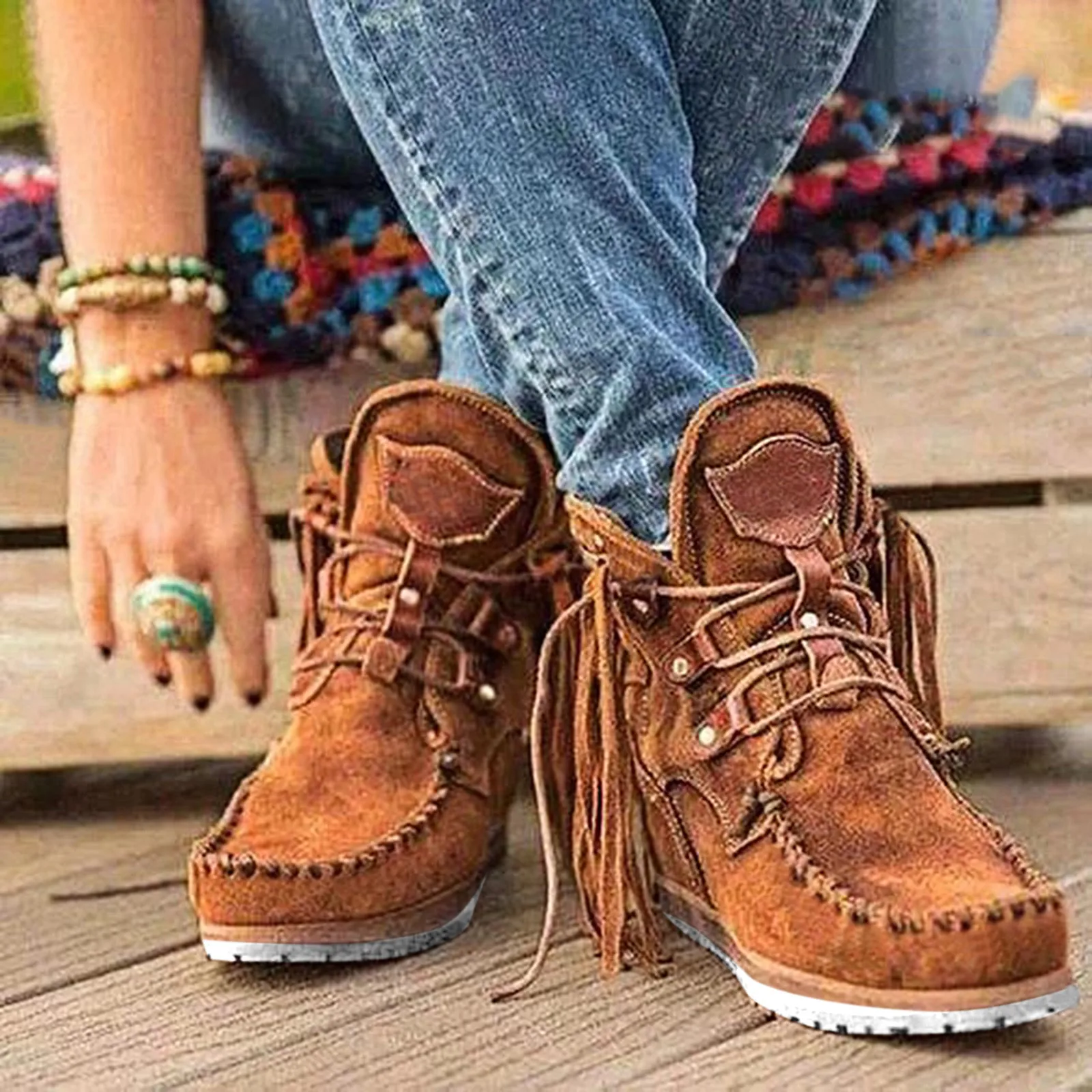 Vintage Tassel Ankle Boots Round Toe Solid Flat Heels Casual Bohemia Style Boots Women Autumn Winter Comfort Warm Short Boots