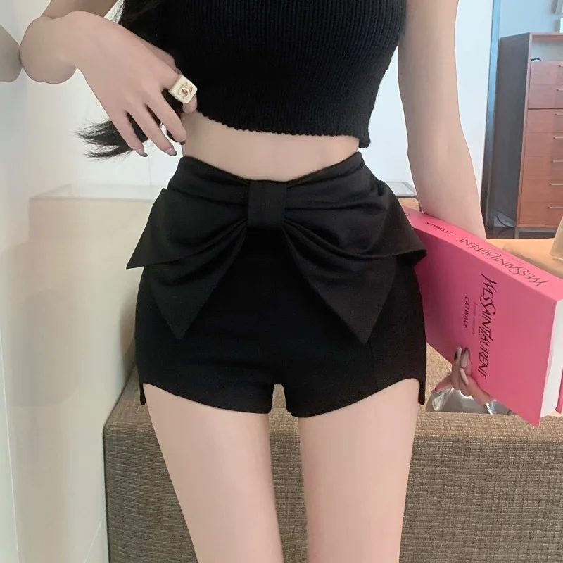 Short taille haute avec nœud pour femme, short sexy pour femme, hanche ronde, irrégulier, noir, monochrome, streetwear décontracté, été, nouveau, 2024