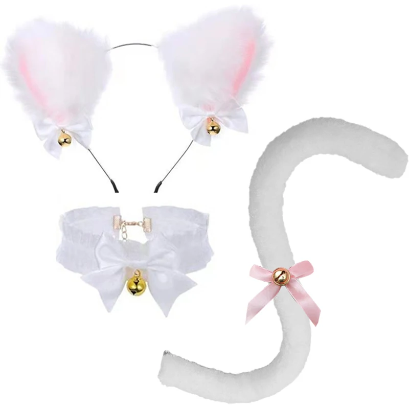 3Pcs/set Furry Foxes Ears Cats Necklace Long Tails Girls Party Cosplay  Headwear Cute Plush Animal Ear Long Fur Tail Dress