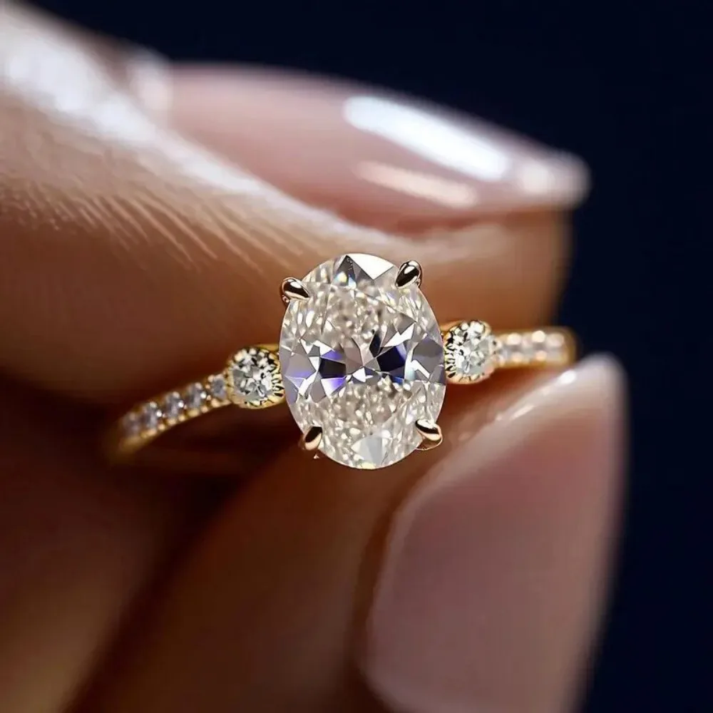 Luxury Simple Gold Color Oval 5A Zircon Stainless Steel Finger Rings for Women Fashion Bride Wedding Engagement Jewelry Gifts